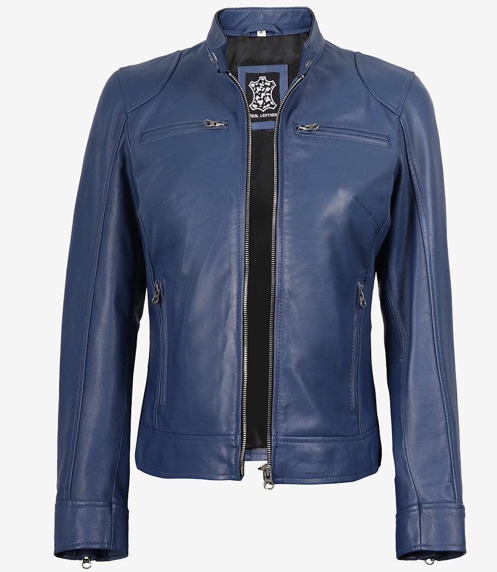 Women's Blue Cafe Racer Leather Jacket