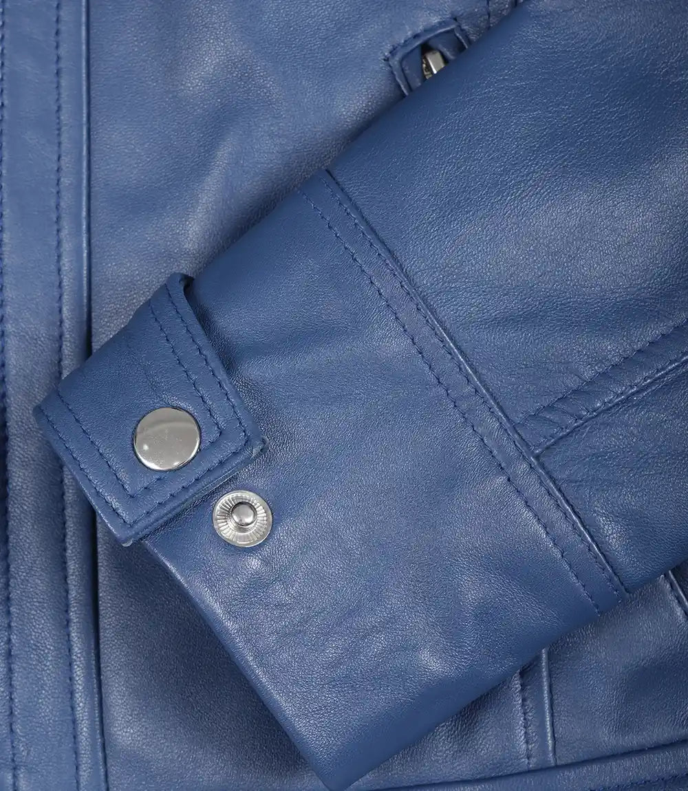 Women Blue Diamond Cafe Racer Real Leather Jacket