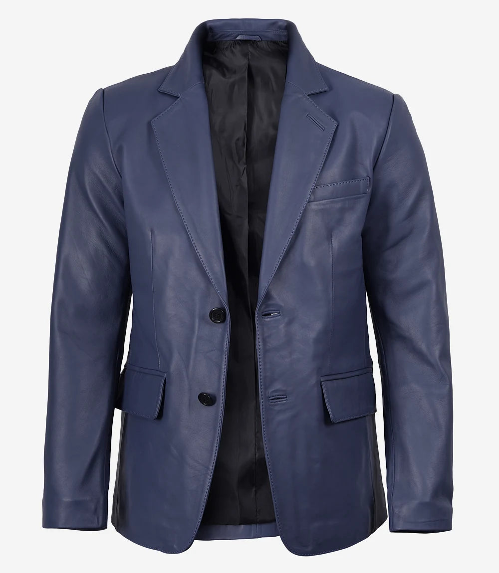 Men's Real Lambskin Blue Two Button Leather Blazer