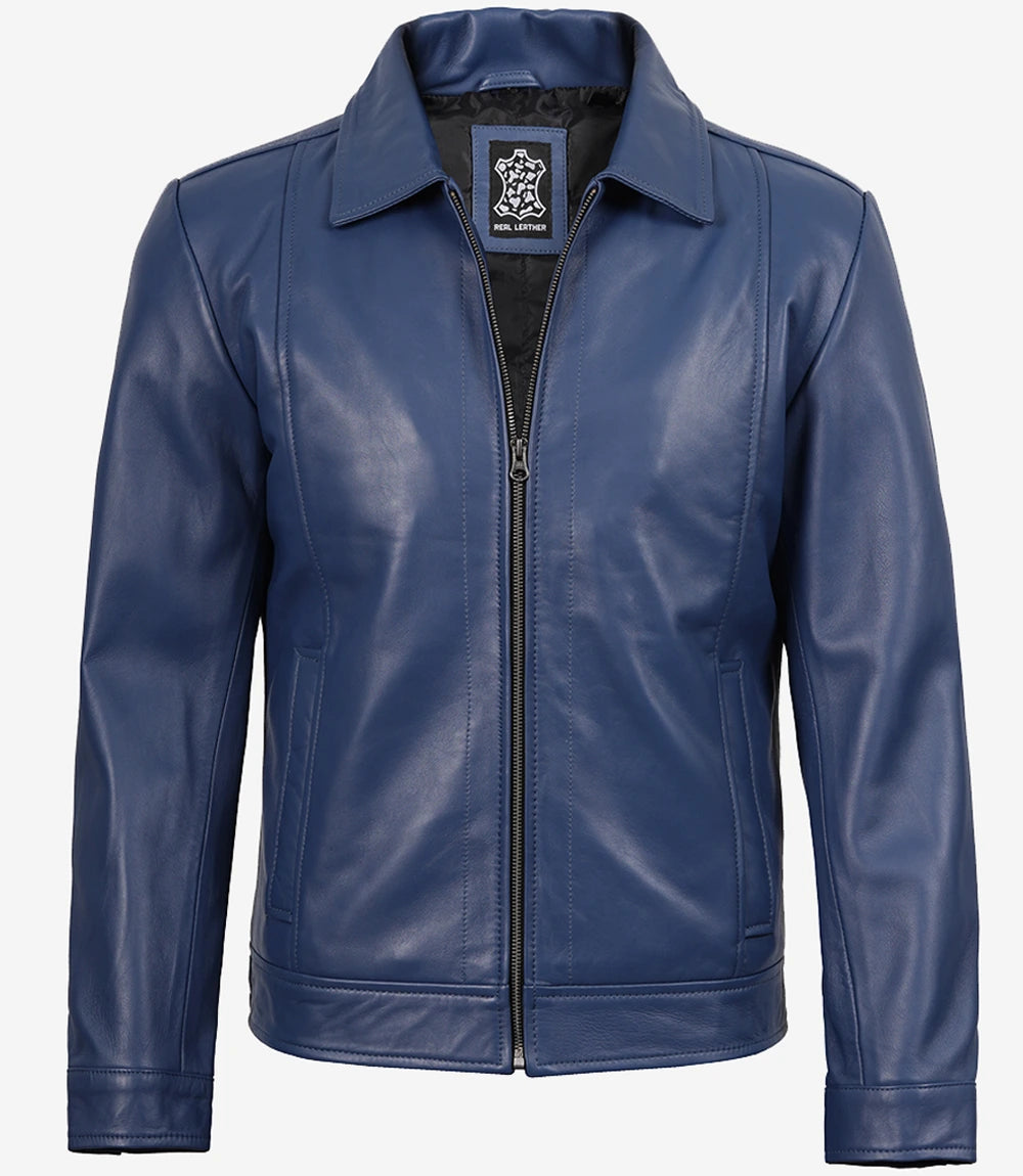 Men's Blue Real Leather Harrington Jacket