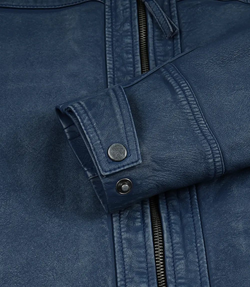 Arya Men's Blue Distressed Washed Leather Moto Jacket