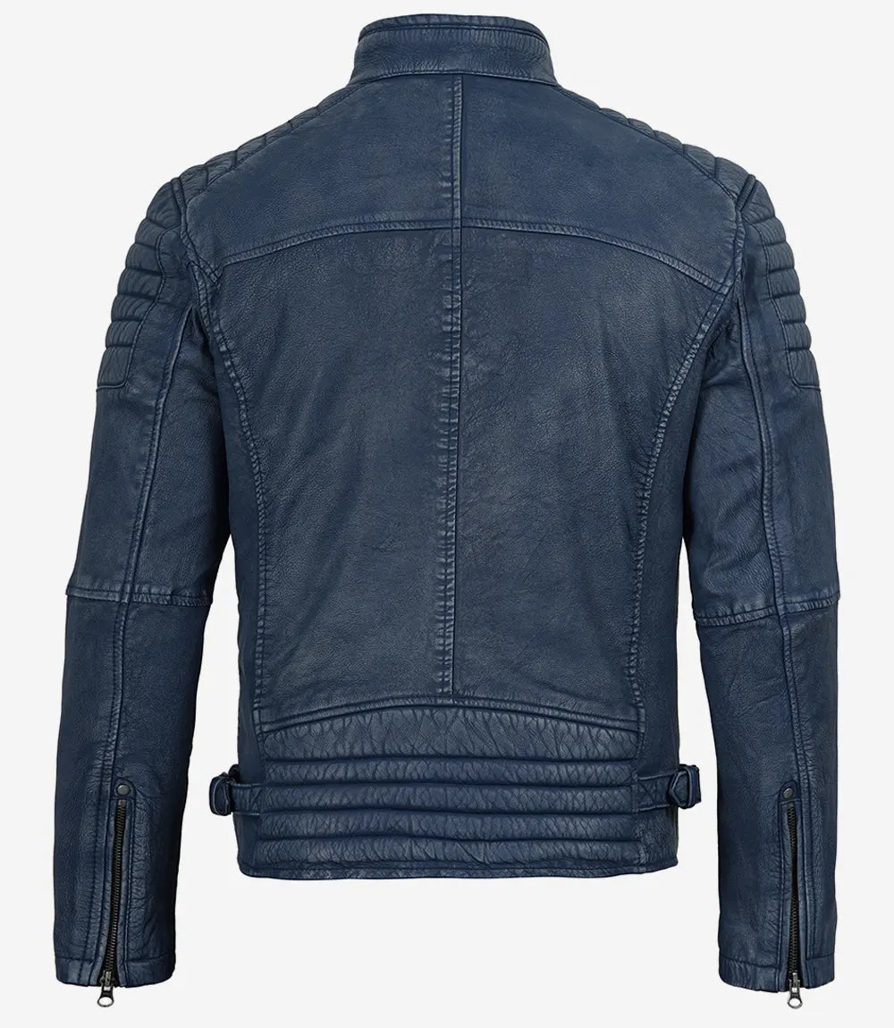 Men’s Washed Blue Distressed Leather Cafe Racer Jacket