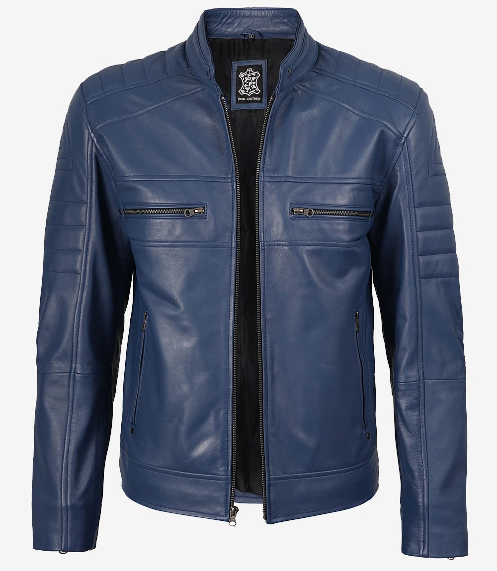 Arya Men Cafe Racer Blue Real Leather Jacket