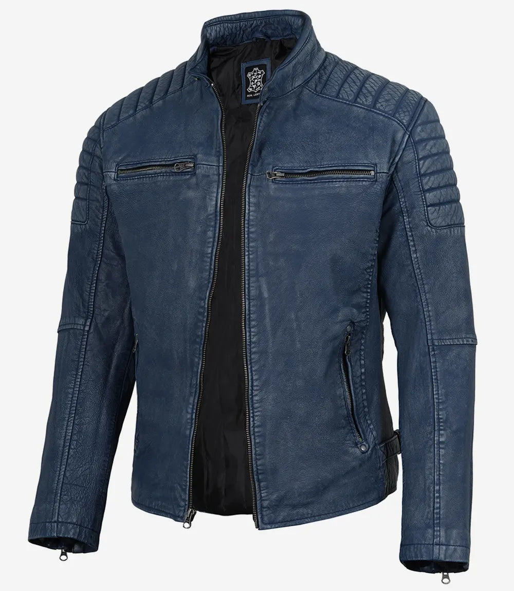 Men’s Washed Blue Distressed Leather Cafe Racer Jacket