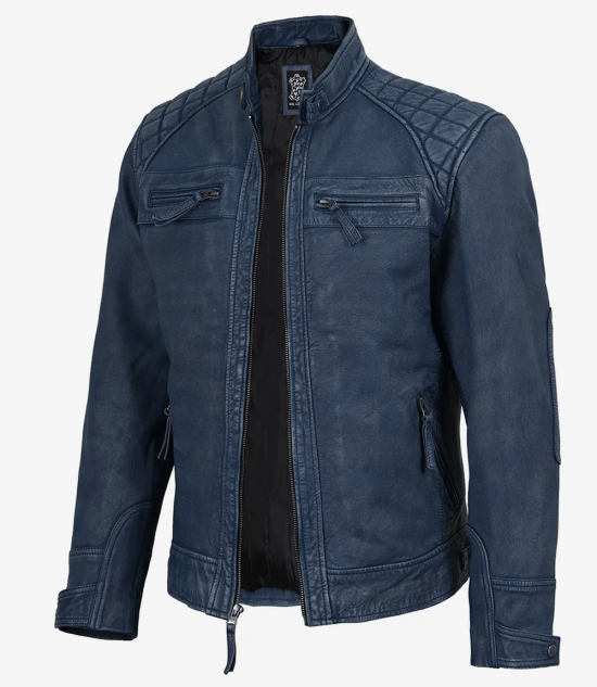Arya Men's Blue Distressed Washed Leather Moto Jacket