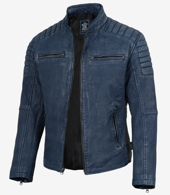 Men’s Washed Blue Distressed Leather Cafe Racer Jacket