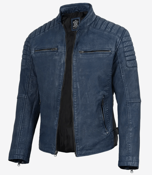 Men’s Washed Blue Distressed Leather Cafe Racer Jacket