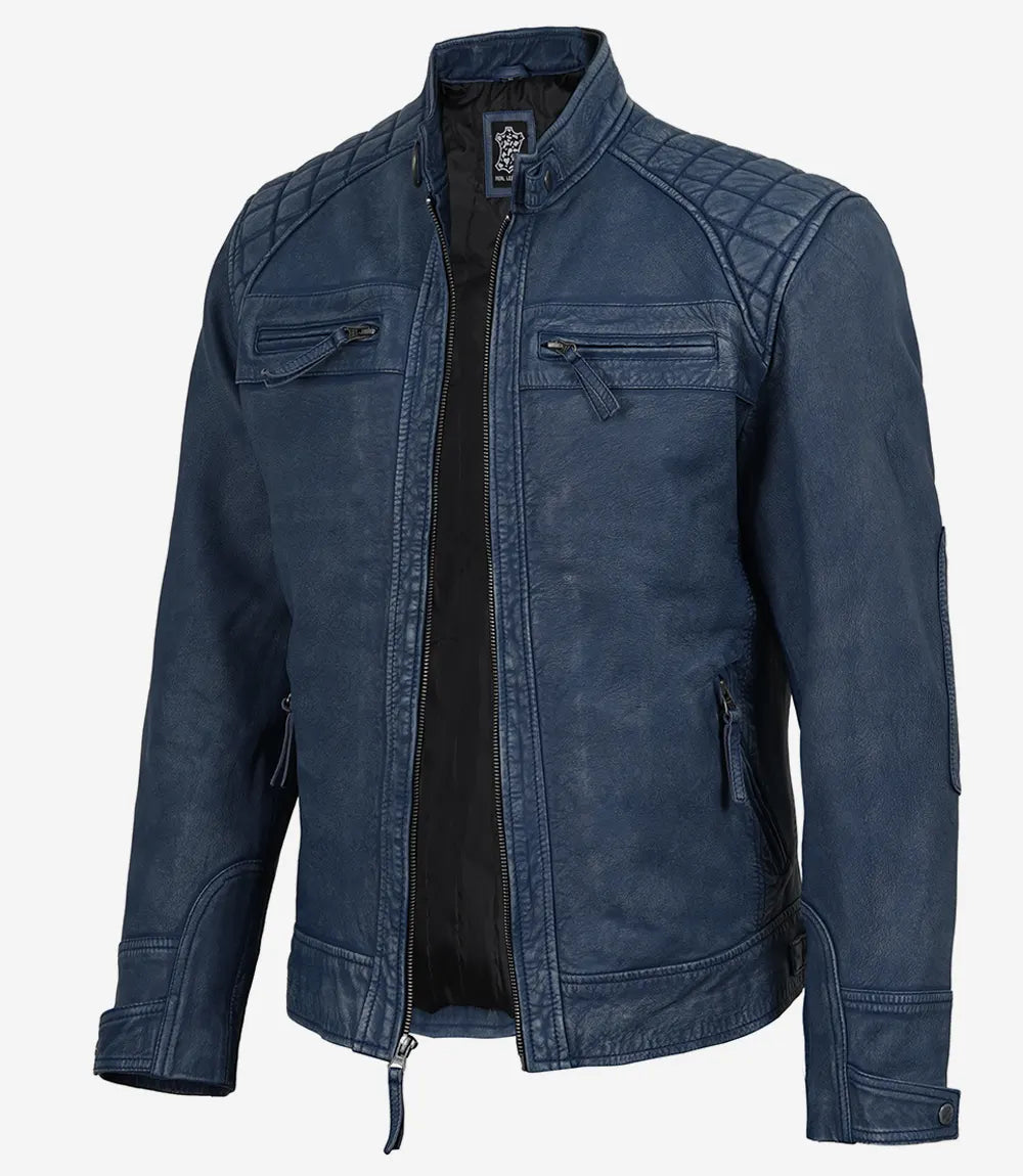 Arya Men's Blue Distressed Washed Leather Moto Jacket
