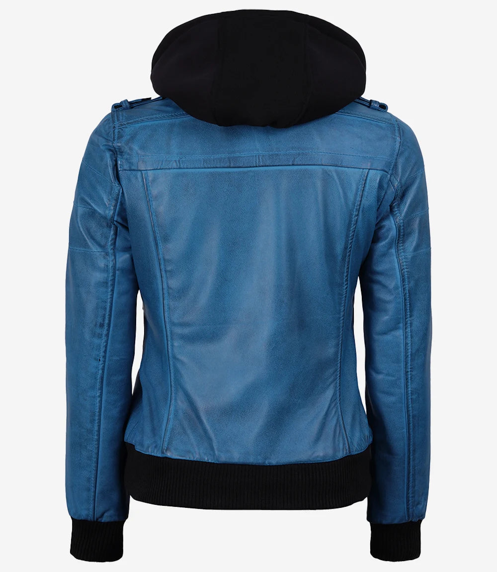 Women's Bomber Blue Wax Leather Jacket with Removable Hood