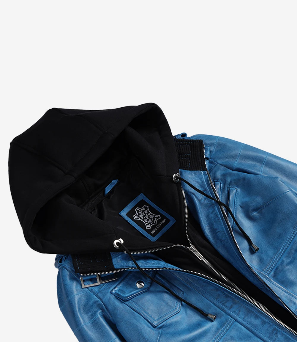 Women's Bomber Blue Wax Leather Jacket with Removable Hood