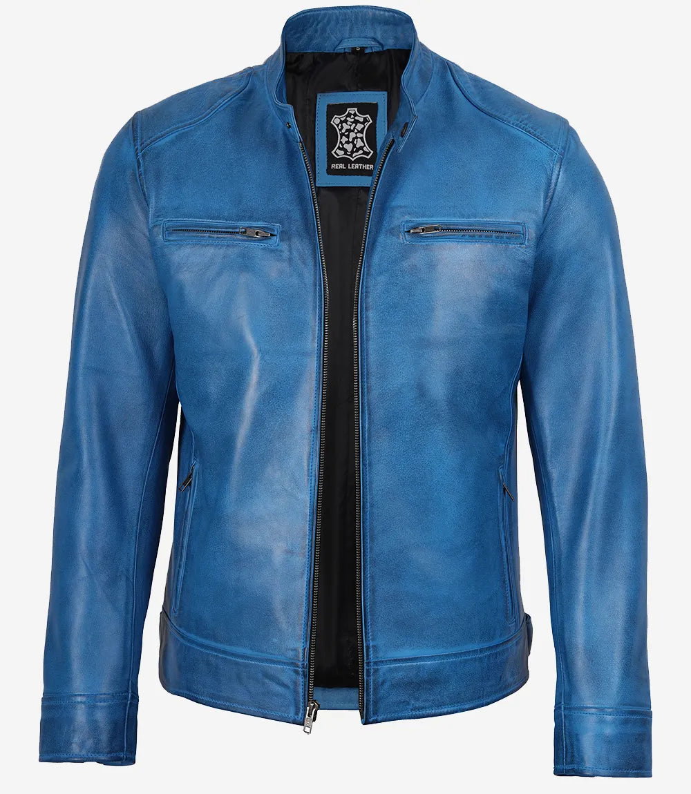 Arya Mens Cafe Racer Blue Leather Jacket