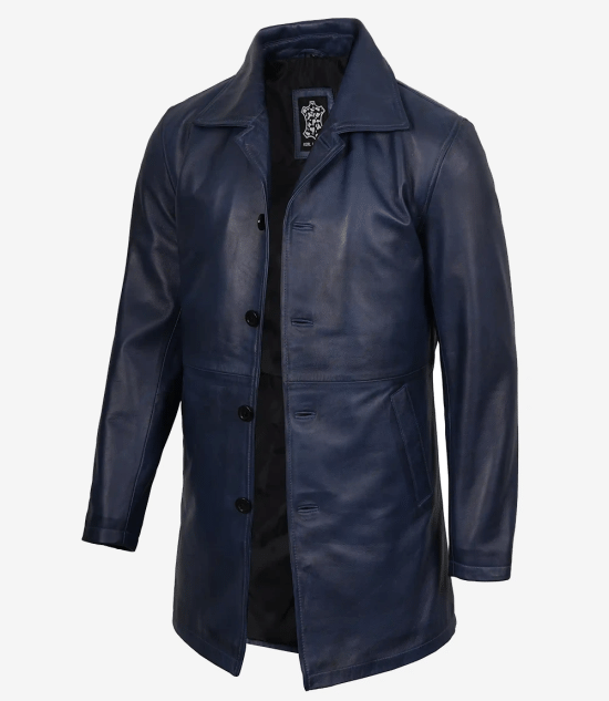 Men's Blue Waxed Leather 3/4 Car Coat
