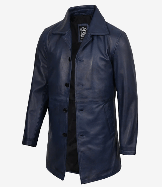 Men's Blue Waxed Leather 3/4 Car Coat