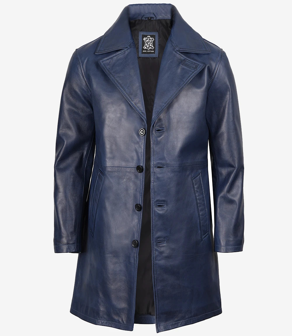 Men's Blue Wax Real Leather 3/4 Length Car Coat