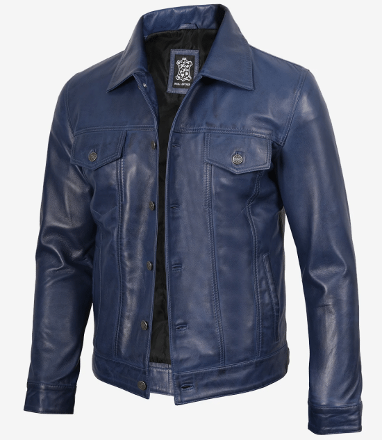 Mens Trucker Blue Waxed Leather Jacket