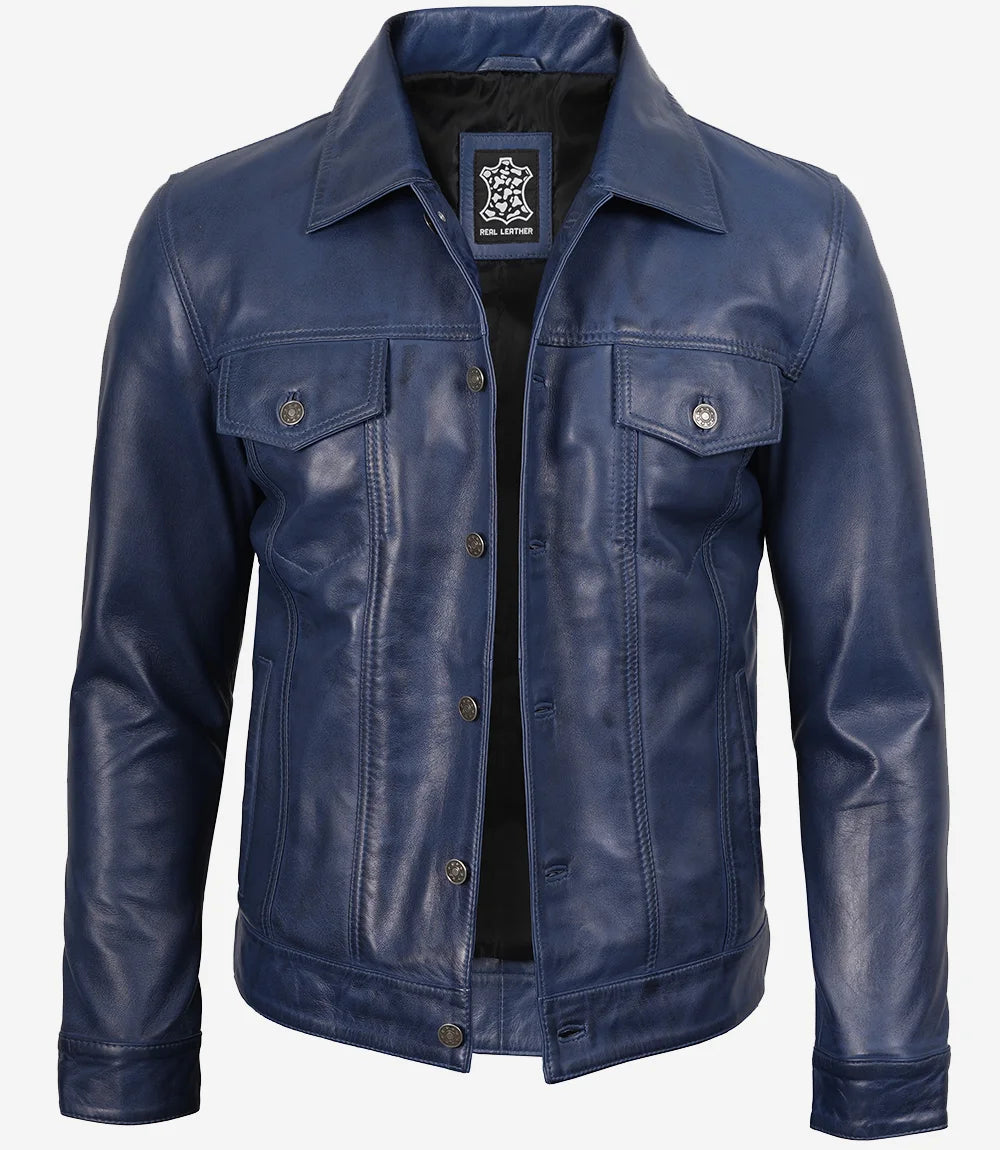 Mens Trucker Blue Waxed Leather Jacket
