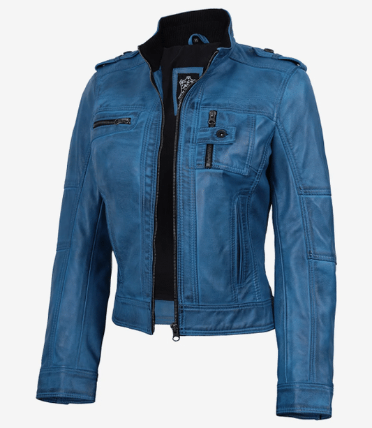 Women's Wax Blue Leather Biker Jacket