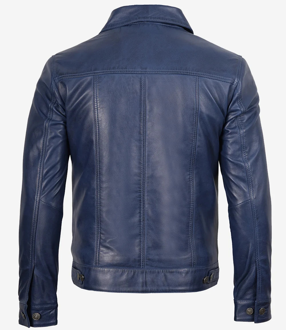 Mens Trucker Blue Waxed Leather Jacket