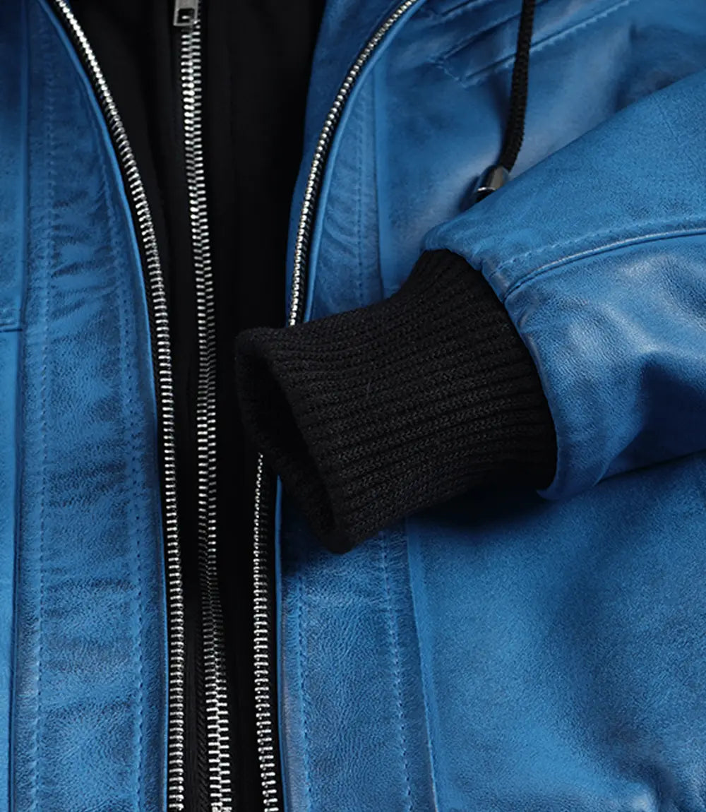 Women's Bomber Blue Wax Leather Jacket with Removable Hood