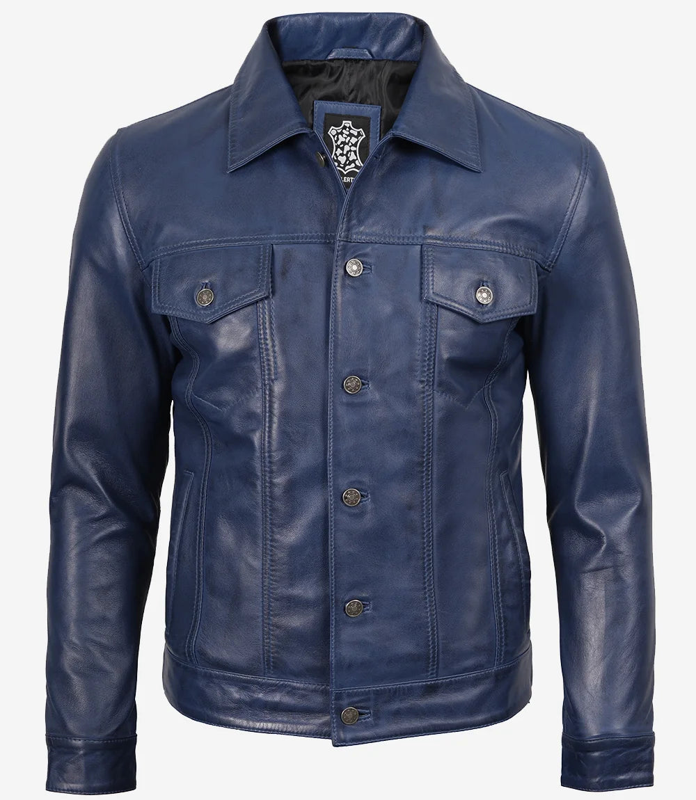Mens Trucker Blue Waxed Leather Jacket
