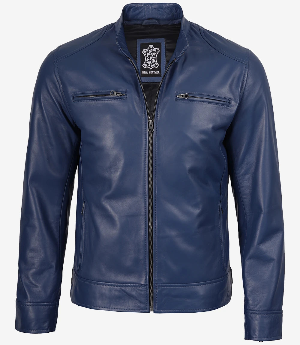 Men's Dodge Blue Cafe Racer Leather Jacket