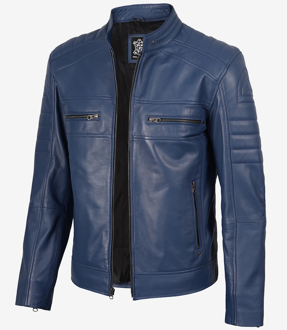 Arya Men Cafe Racer Blue Real Leather Jacket