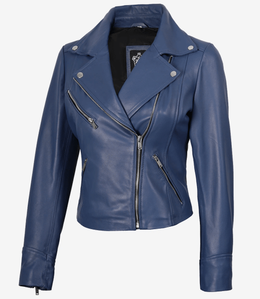 Women Biker Blue Real Leather Jacket