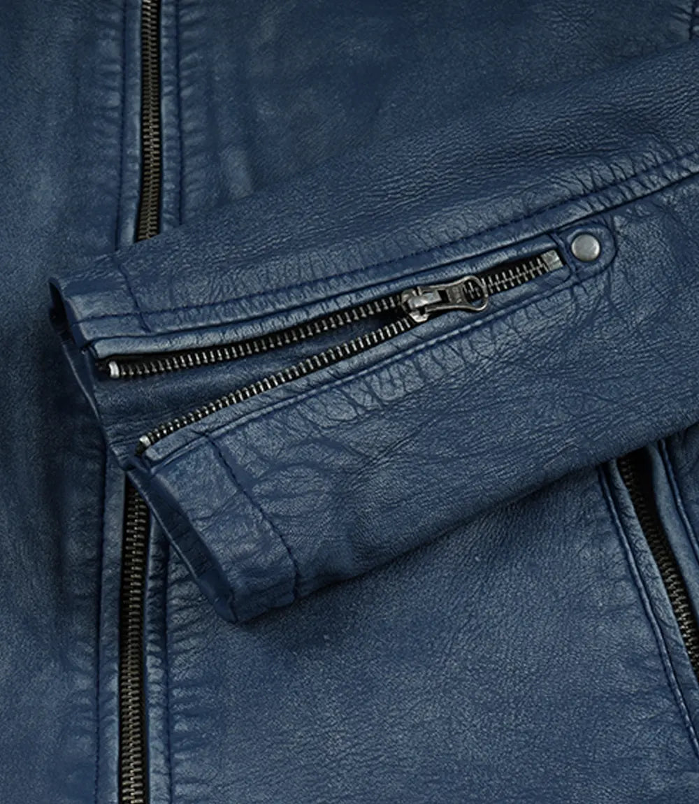 Men’s Washed Blue Distressed Leather Cafe Racer Jacket