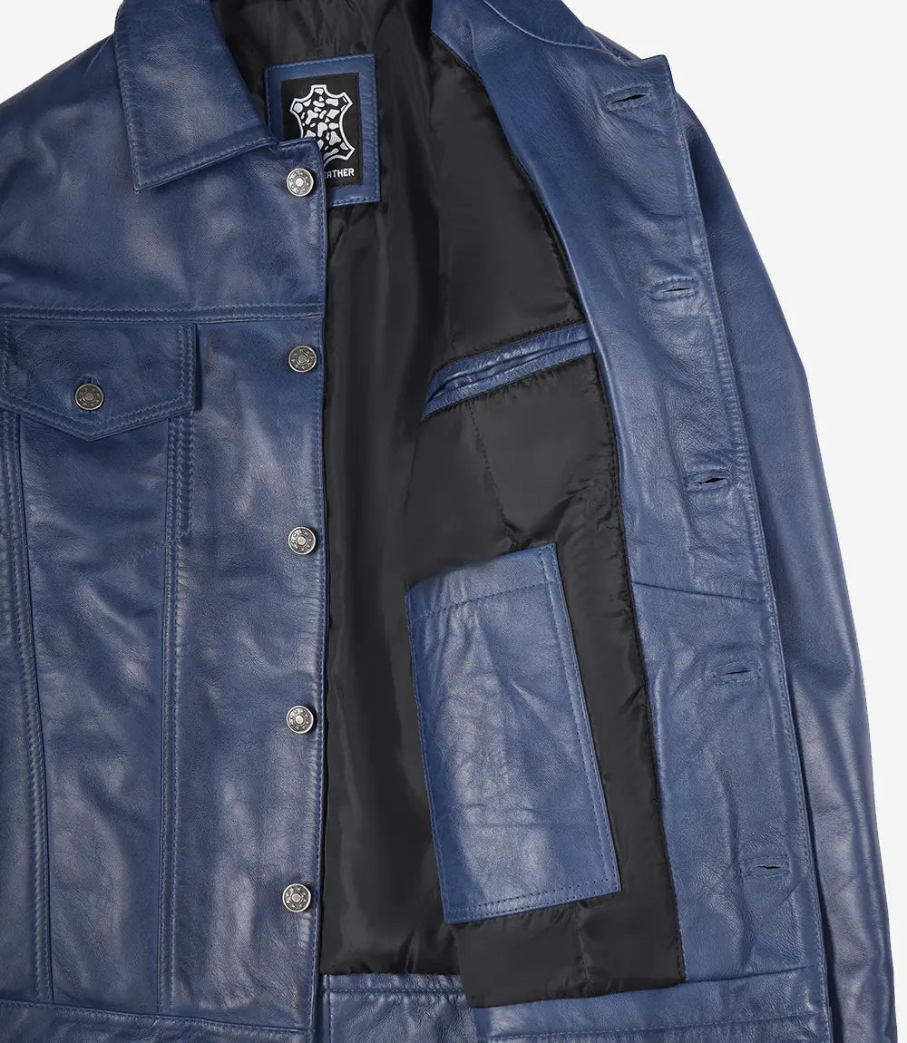 Mens Trucker Blue Waxed Leather Jacket