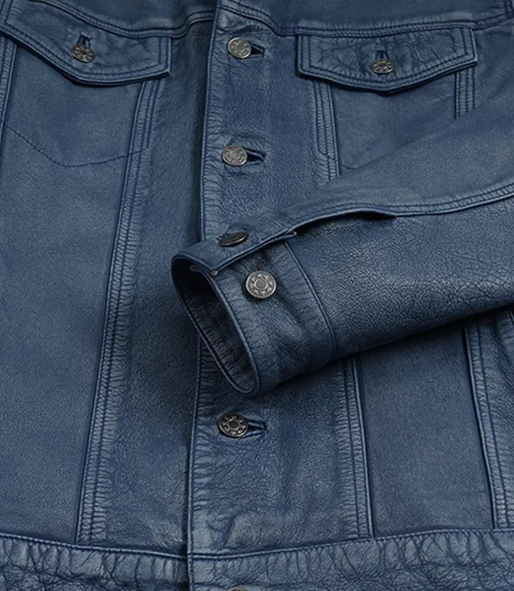 Mens Denim Style Trucker Blue Washed Leather Jacket