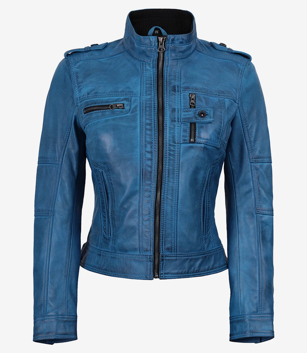 Women's Wax Blue Leather Biker Jacket