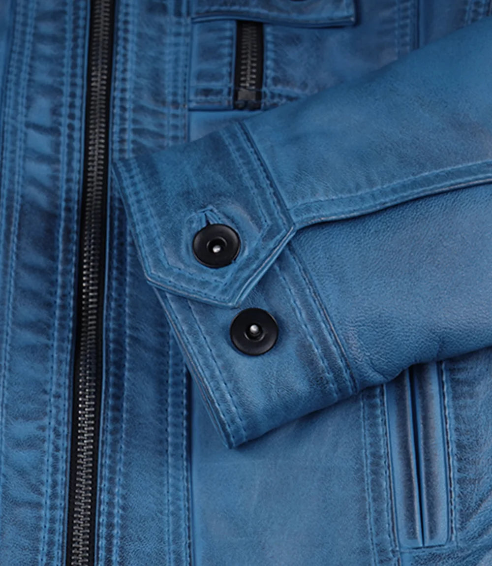 Women's Wax Blue Leather Biker Jacket