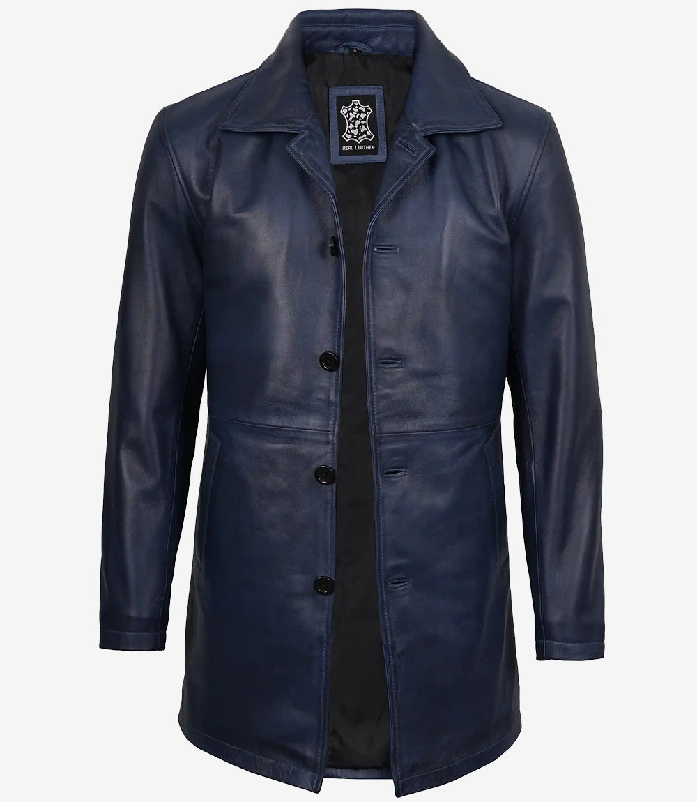 Men's Blue Waxed Leather 3/4 Car Coat