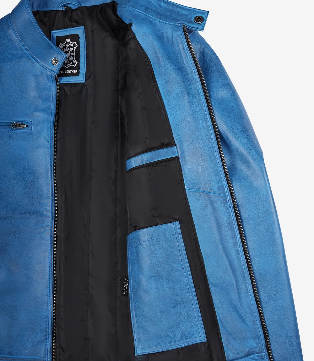 Arya Mens Cafe Racer Blue Leather Jacket