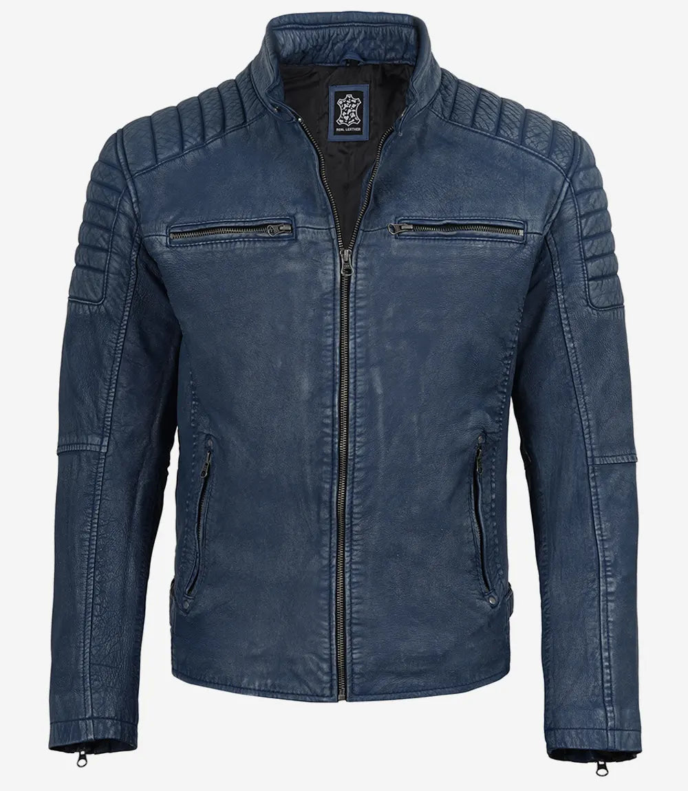 Men’s Washed Blue Distressed Leather Cafe Racer Jacket