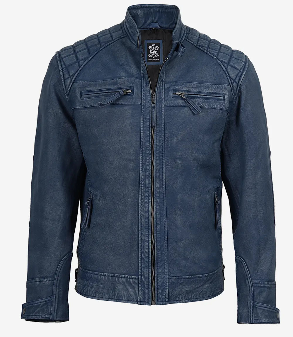 Arya Men's Blue Distressed Washed Leather Moto Jacket