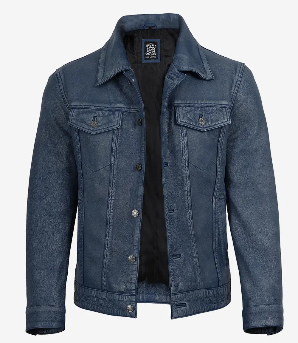 Mens Denim Style Trucker Blue Washed Leather Jacket