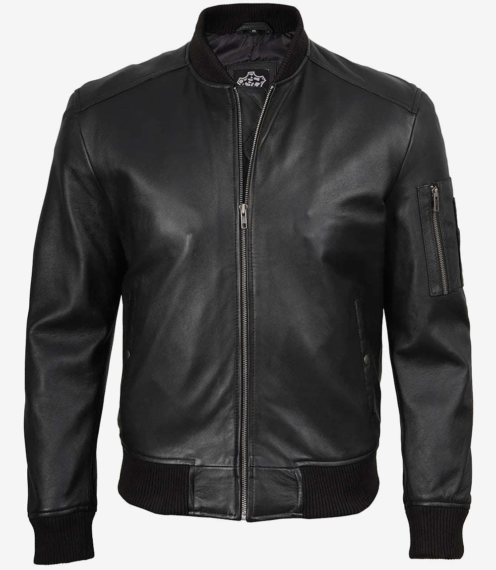 Men's Black Real Lambskin Leather Bomber Jacket