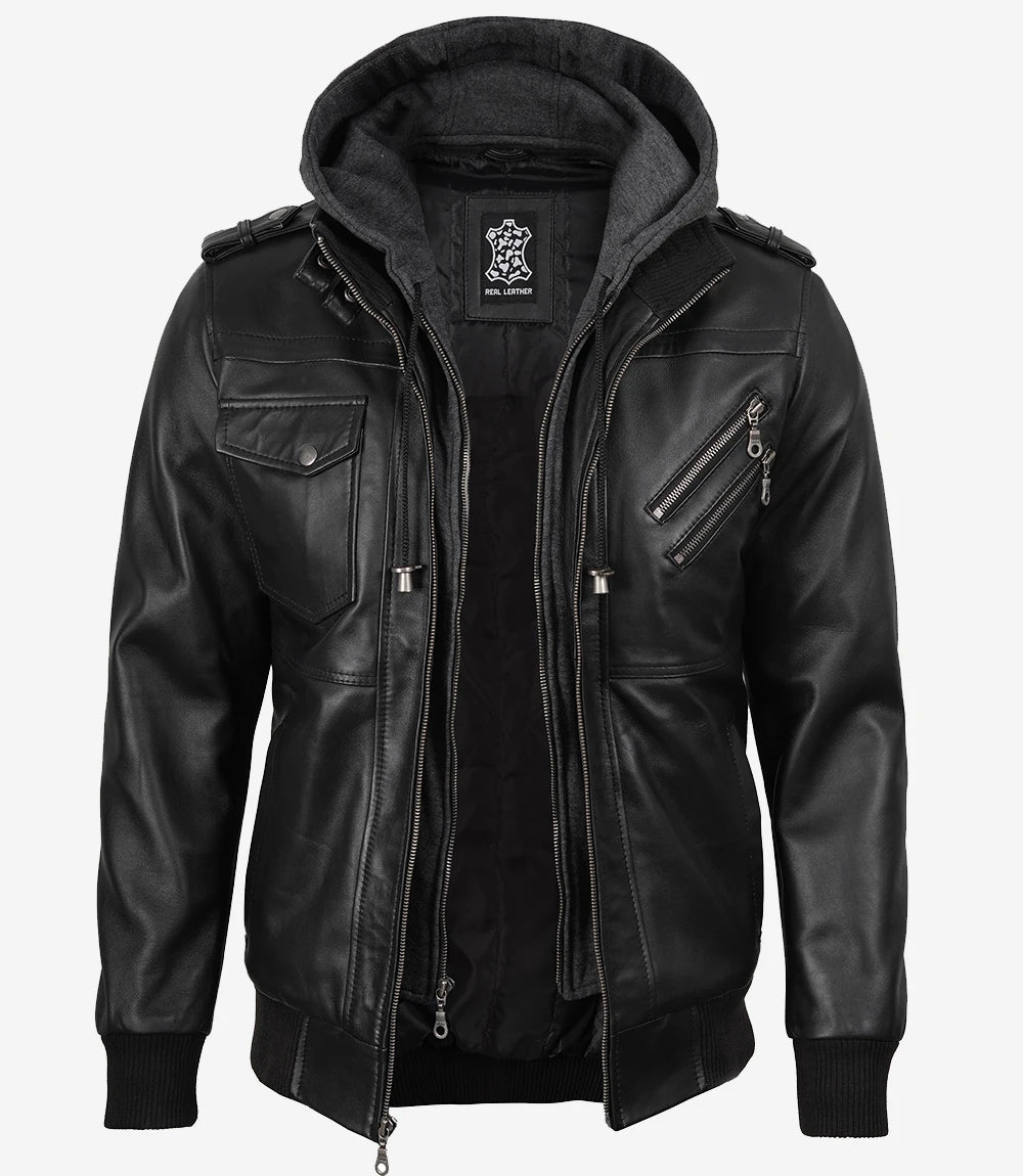 Black Bomber Men's Leather Jacket — with Removable Hood