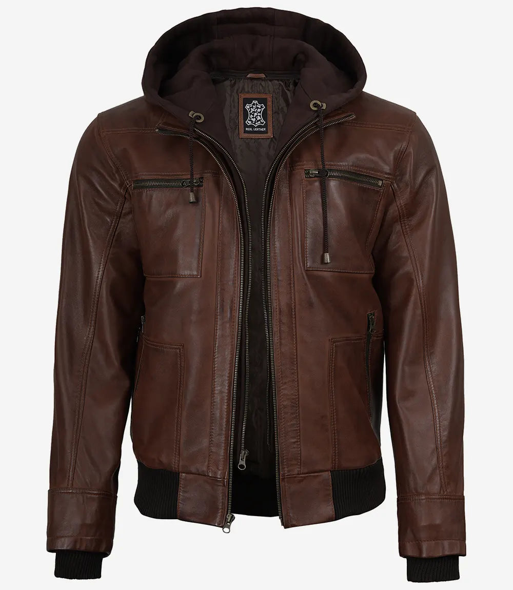 Men's Cognac Lambskin Waxed Leather Jacket — Detachable Hood