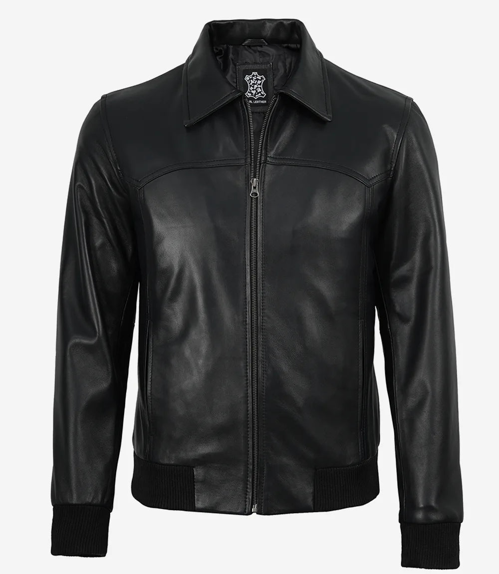 Men's Black Lambskin Leather Bomber Jacket - Shirt Collar