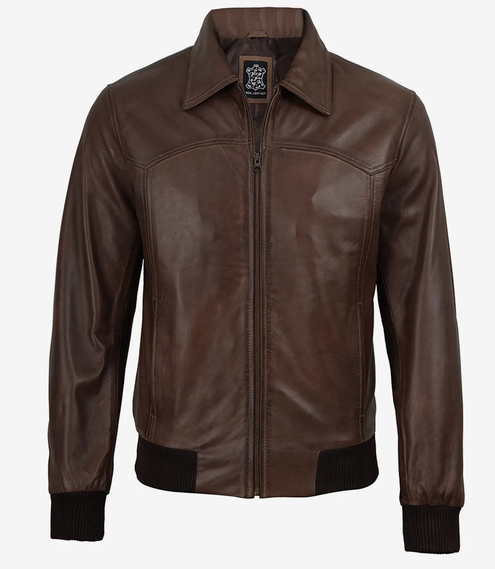 Men's Dark Brown Bomber Real Leather Jacket - Harrington Style