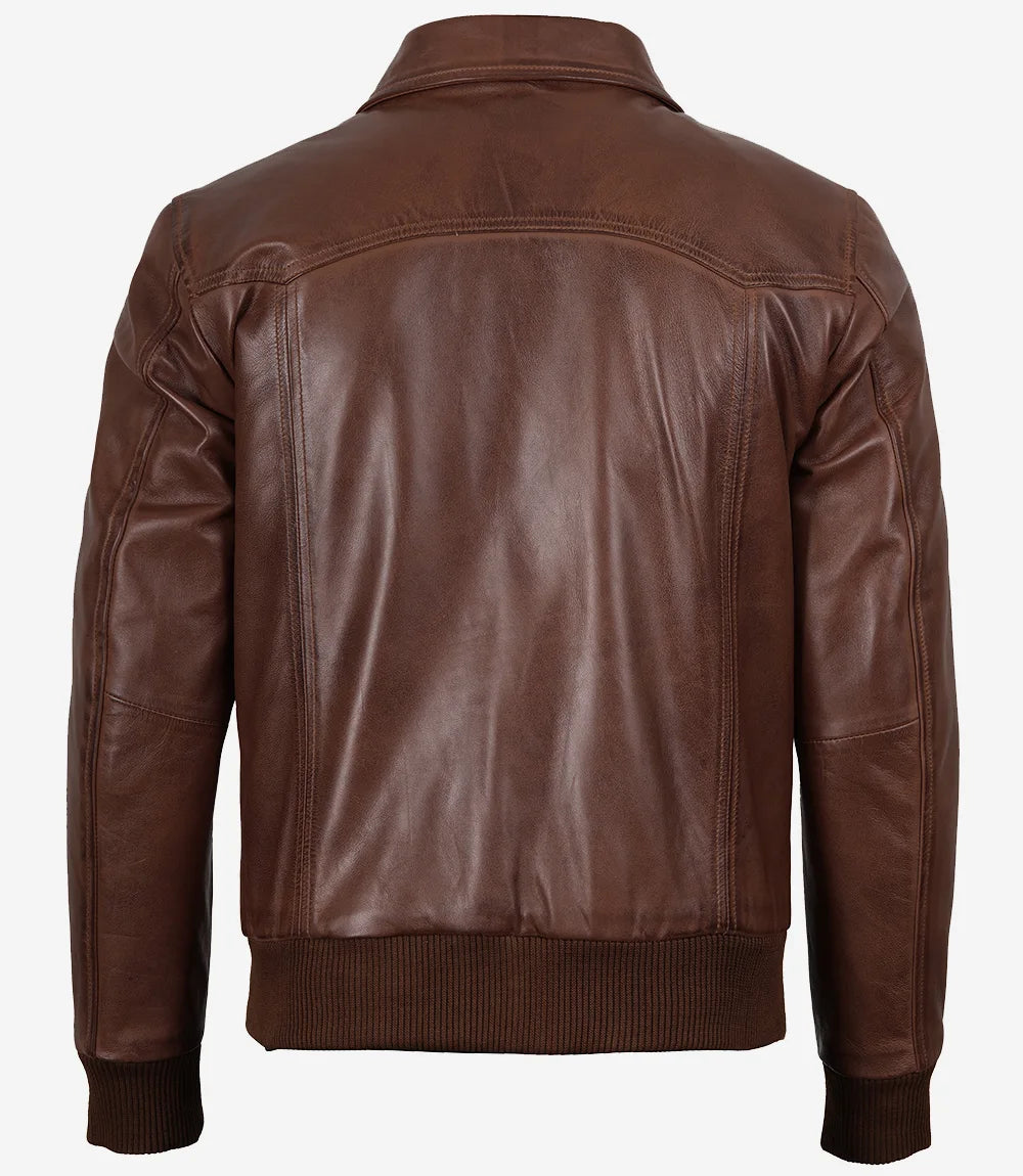 Men's Cognac Brown Wax Leather Bomber Jacket