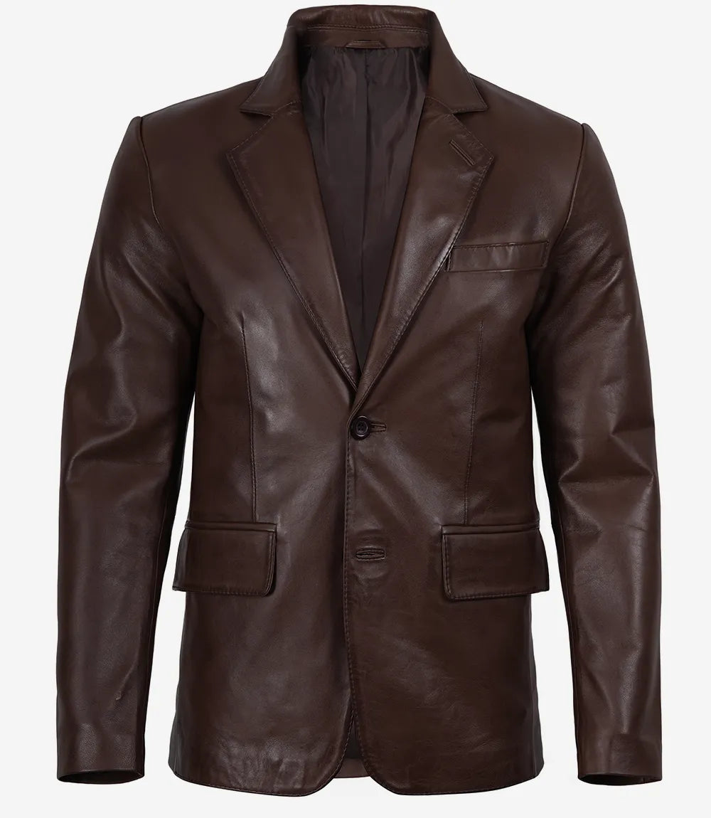 Men's Dark Brown Lambskin Leather Two Button Blazer
