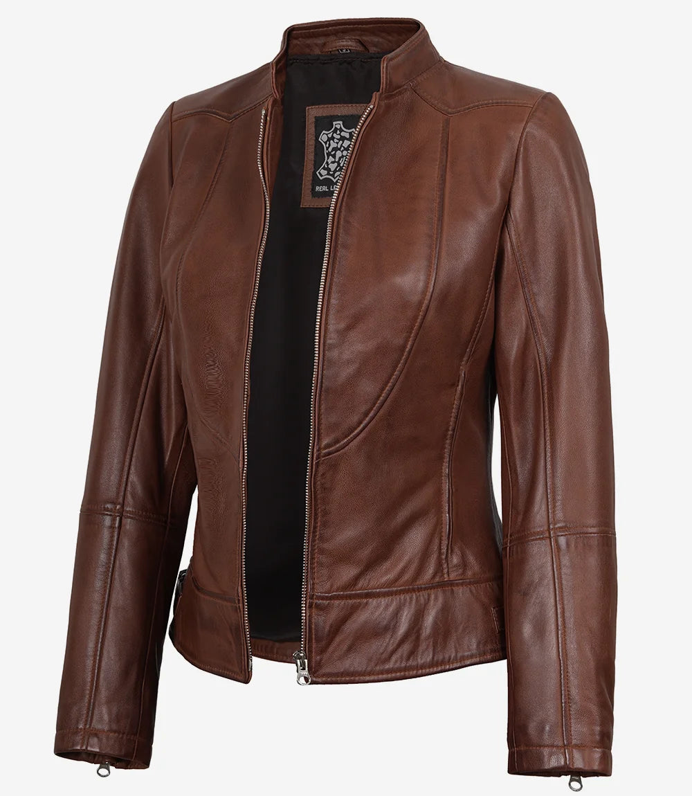 Women's Vintage Cafe Racer Cognac Brown Leather Jacket