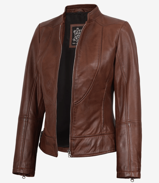 Women's Vintage Cafe Racer Cognac Brown Leather Jacket