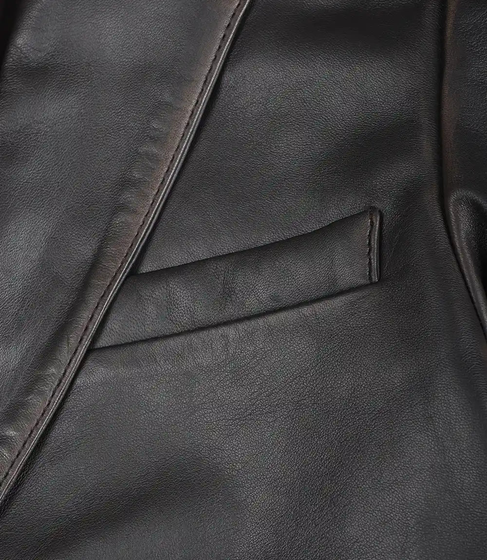 Men's 2 Buttons Dark Brown Rub Off Leather Blazer