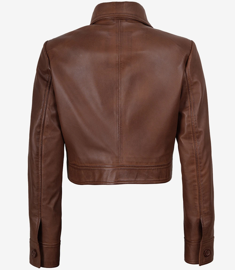 Women’s Cognac Brown Cropped Shirt Collar Leather Jacket