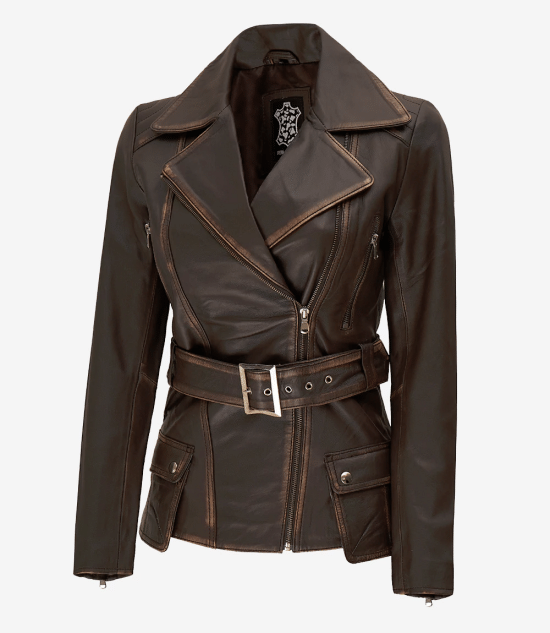 Women's Asymmetrical Rub-off Brown Belted Biker Jacket