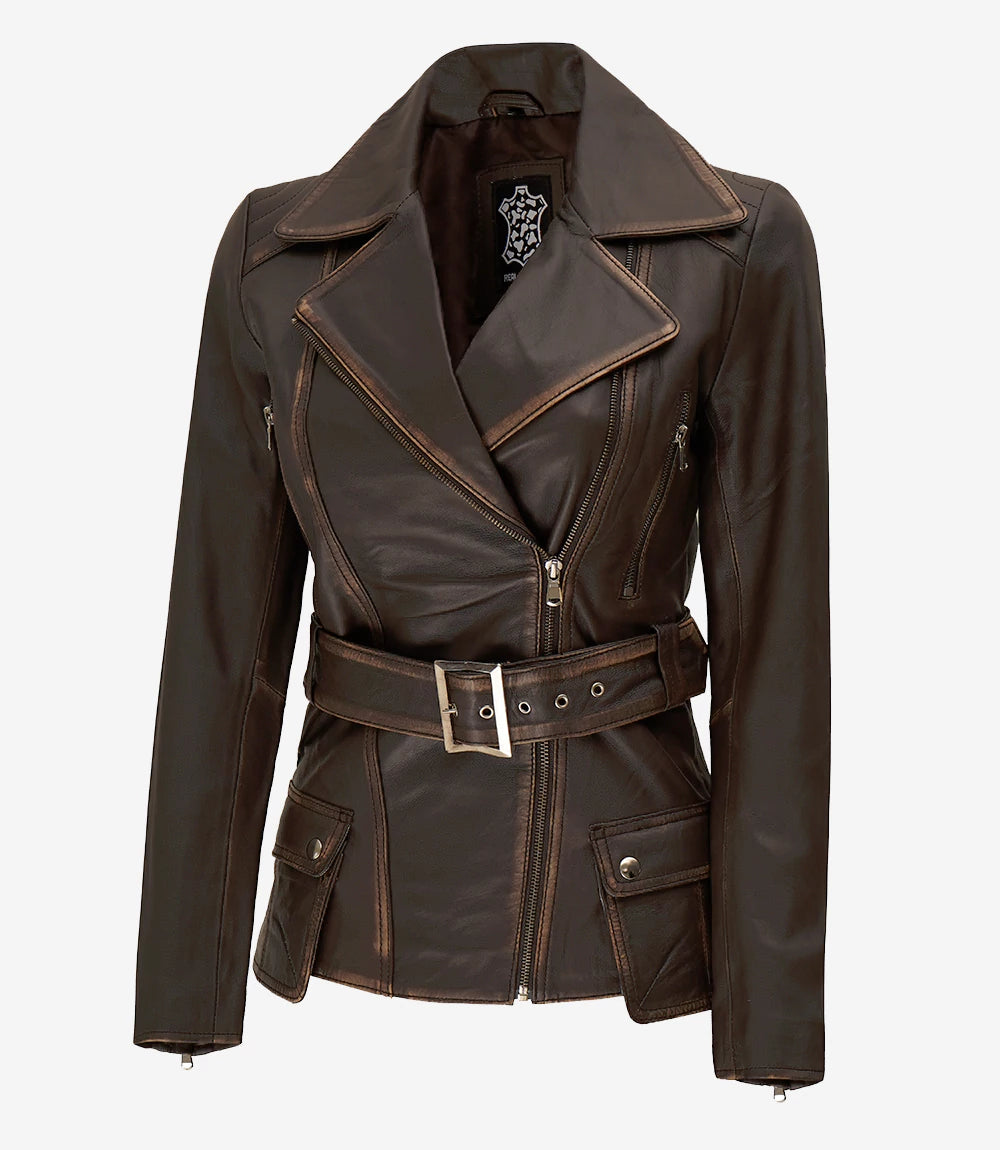 Women's Asymmetrical Rub-off Brown Belted Biker Jacket